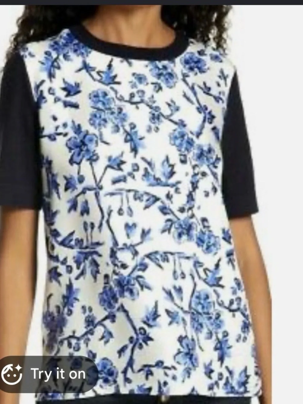 Tory Burch Floral Silk-Front -Merino Wool Back T-Shirt Size L in Navy Blue
